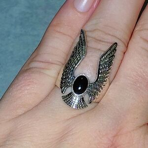 Silver Winged Black Onyx Stone Ring